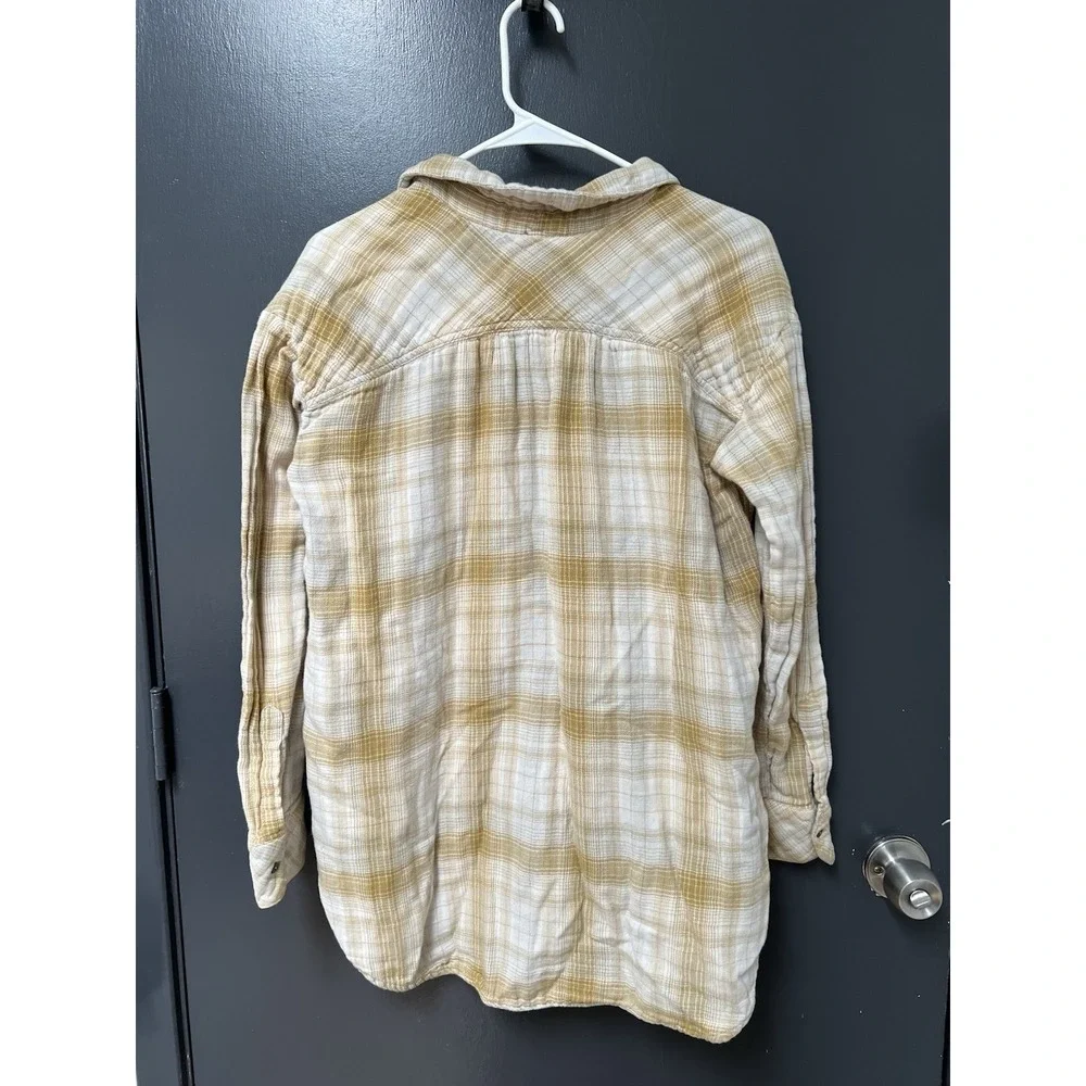 Free People Shirt Womens Sz M Long Sleeve Yellow Button Front Plaid